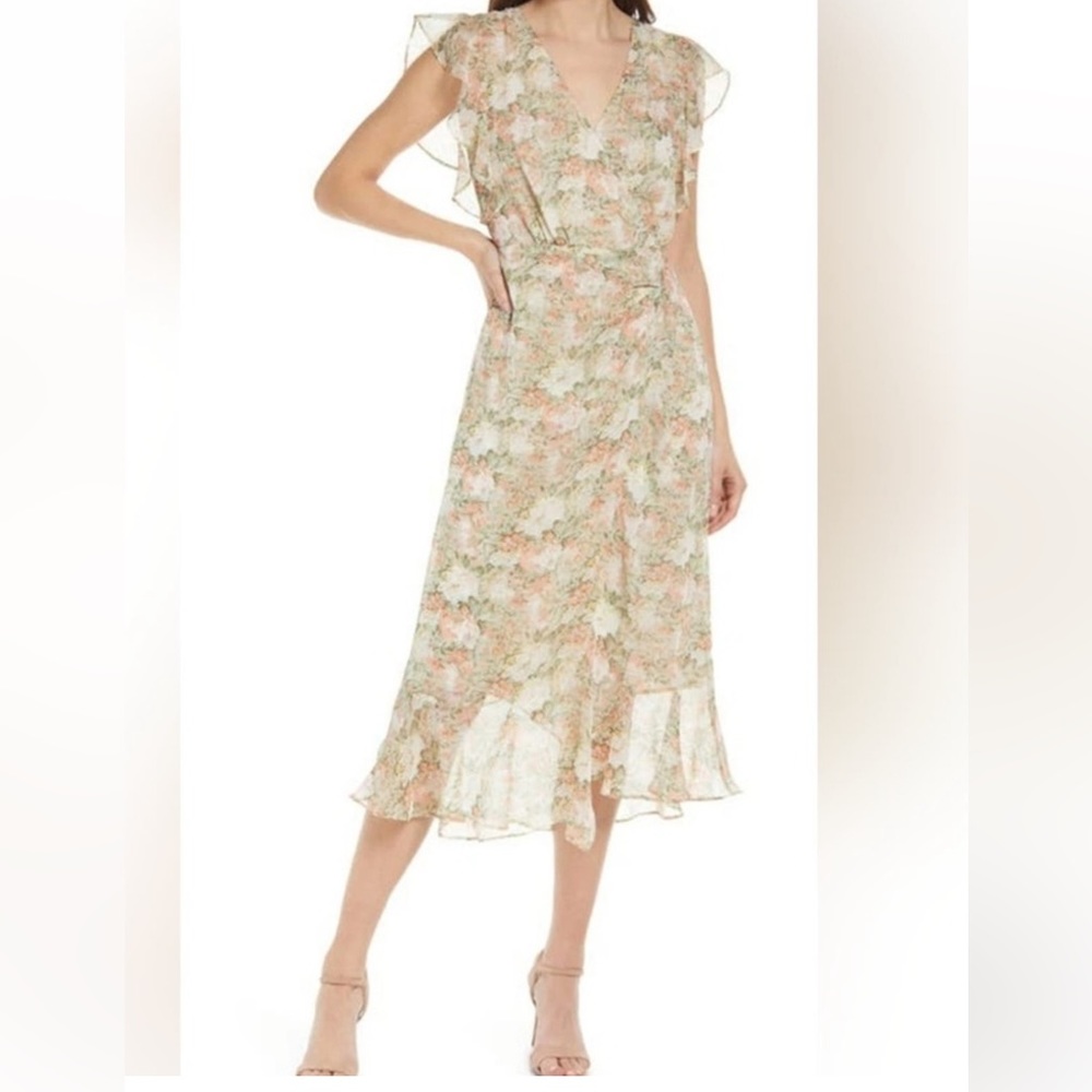 Floret studios | MIDI Floral Dress | Size M | Cream | Flowy Wrap Dress